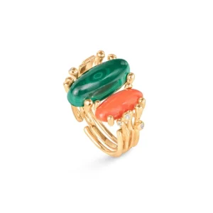 OLE LYNGGAARD RING BOHO SPECIAL PIECE DOBBEL MALAKITT OG KORALL